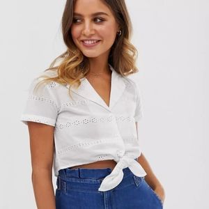 White Tie-front Crop Blouse